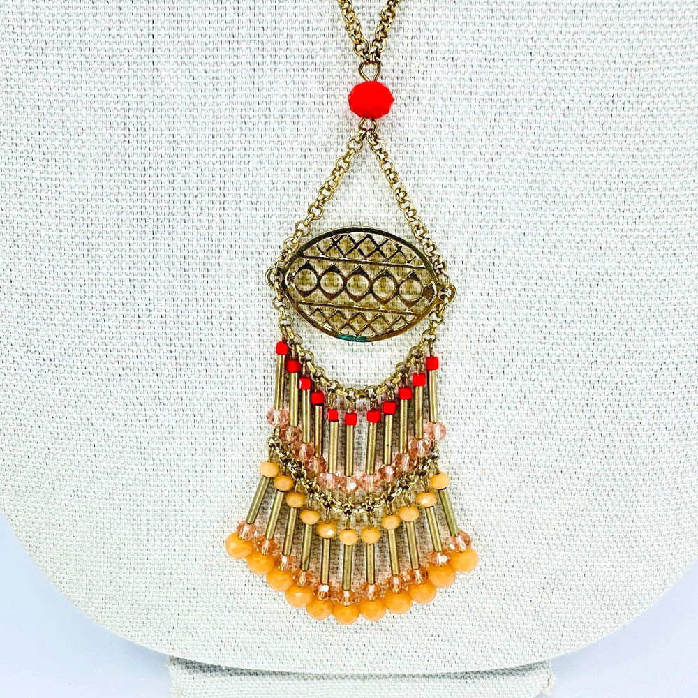 Ann Taylor LOFT Necklace Fringe Pendant Orange Red Gold Tone 36" Jewelry